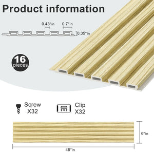 Hausvita WPC slat wall panel, 48 x 6 in, 16-piece pack, wood-textured wall paneling.