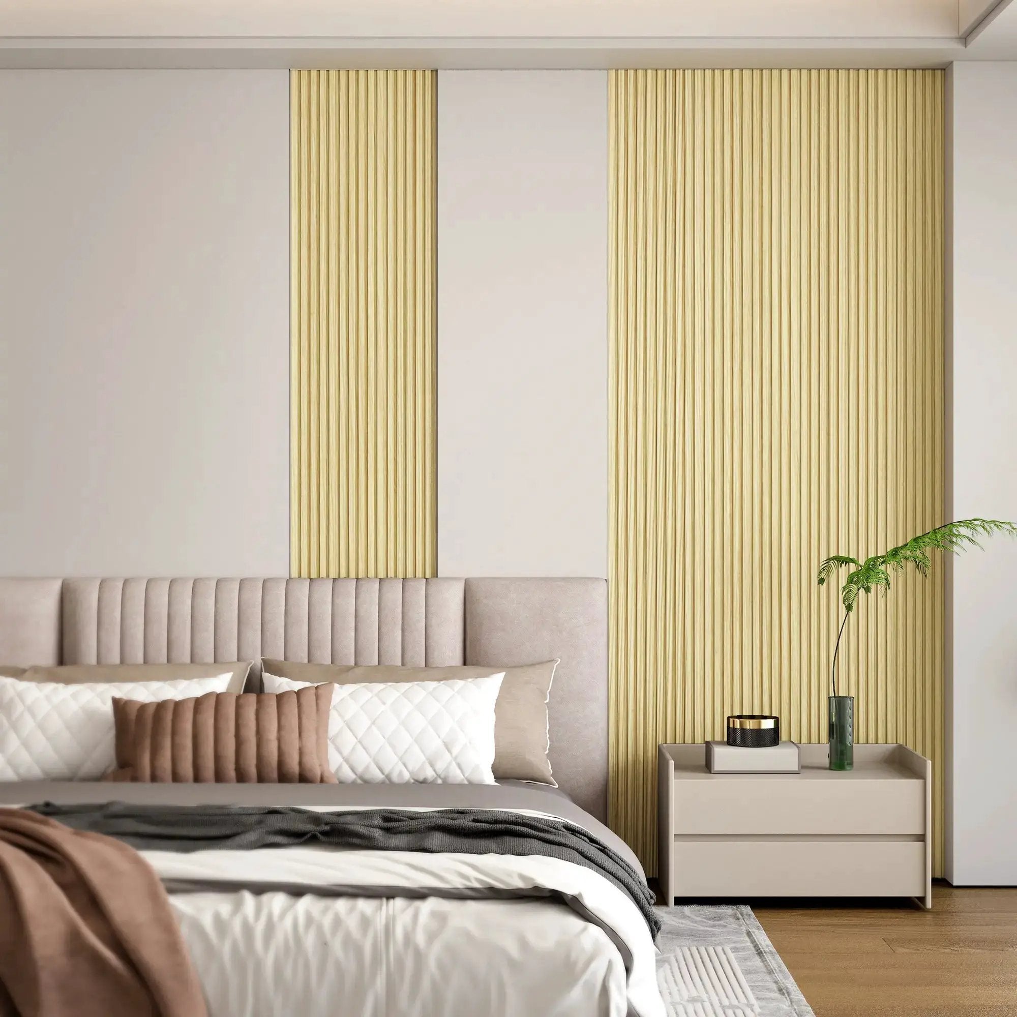 Hausvita 48 x 6 in WPC Slat Wall Panel (16-Pack) in golden wood finish on bedroom wall.