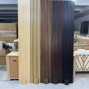 Hausvita Acoustic Solid Wood Slat Wall Panels, vertical natural wood slats in light to dark finish, 2 panels per box