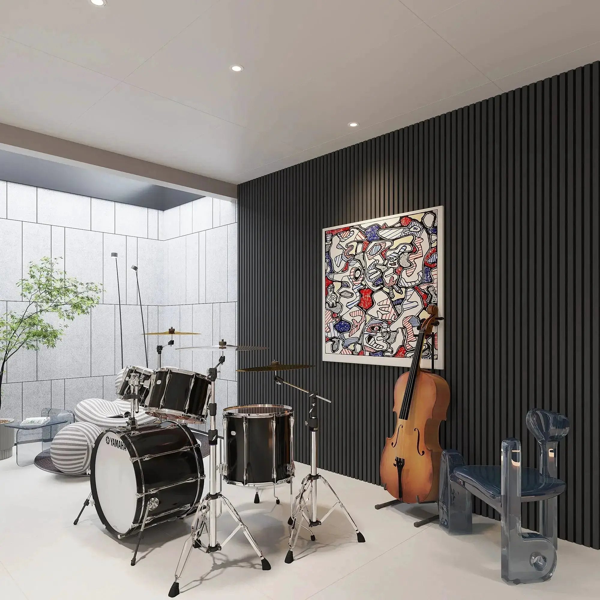 HAUSVITA Acoustic Solid Wood Slat Wall Panels, black vertical slats, 2 panels per box, in a music-room showroom.