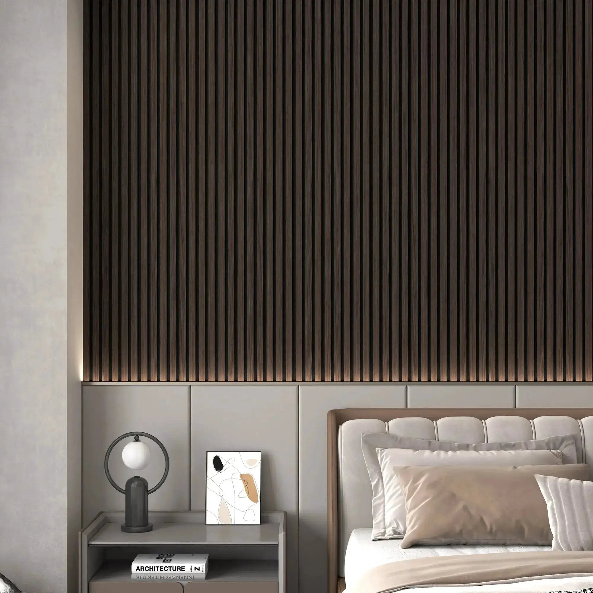 Hausvita acoustic solid wood slat wall panels, black vertical slats wall paneling behind bed