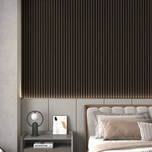 Hausvita acoustic solid wood slat wall panels, black vertical slats wall paneling behind bed