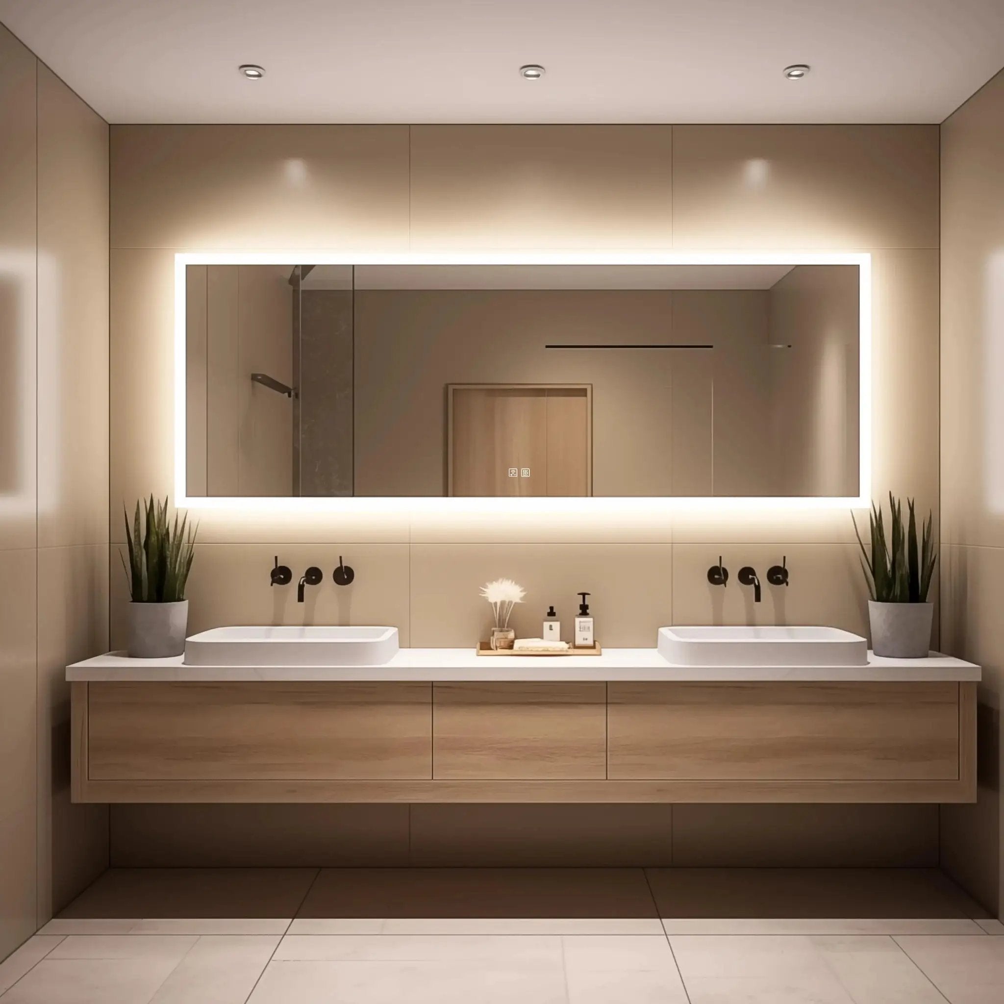 HAUSVITA Deluxe Edge Glow LED bathroom mirror with illuminated edge over a double vanity with two sinks.