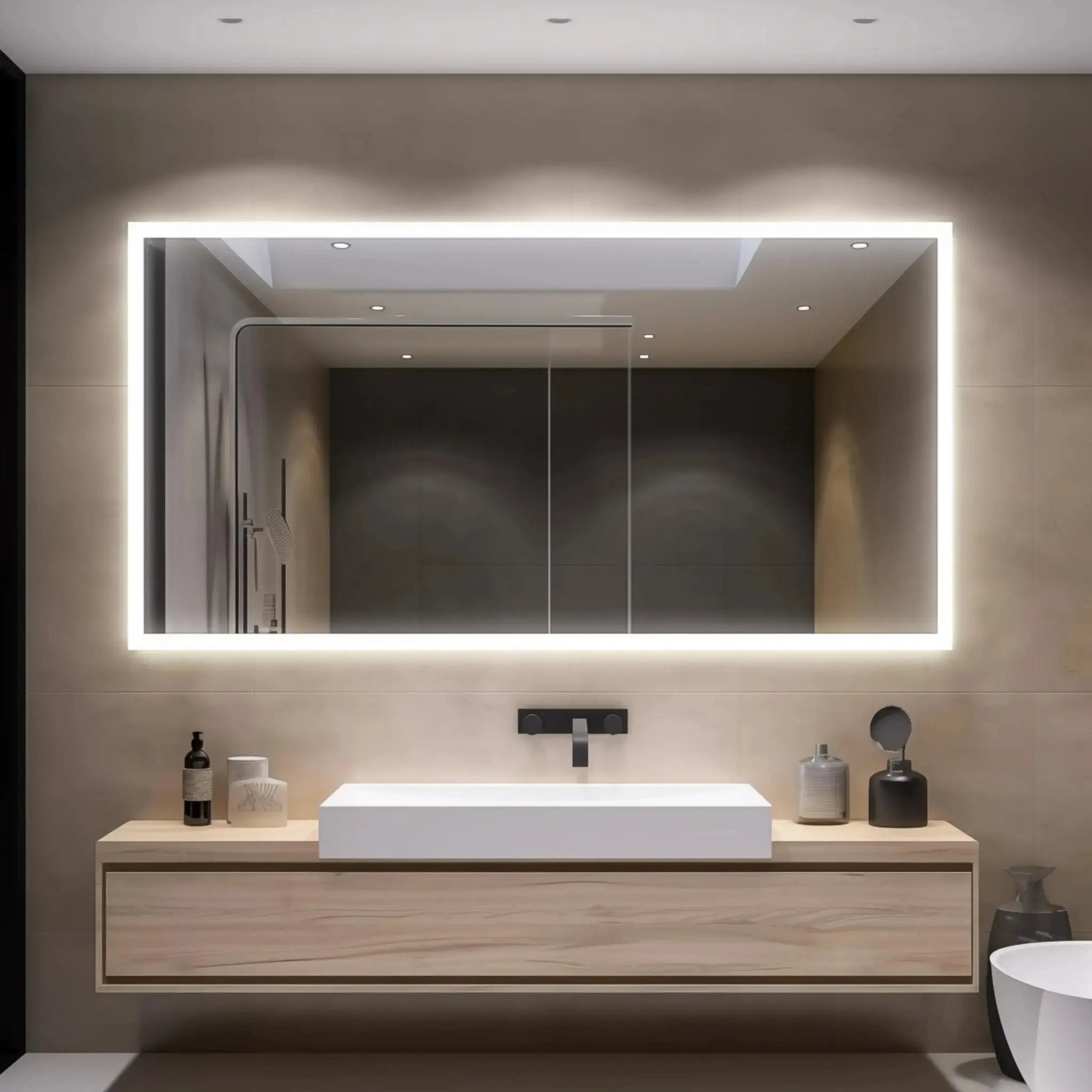 Hausvita Deluxe Edge Glow LED bathroom mirror with illuminated edge above a wood vanity.