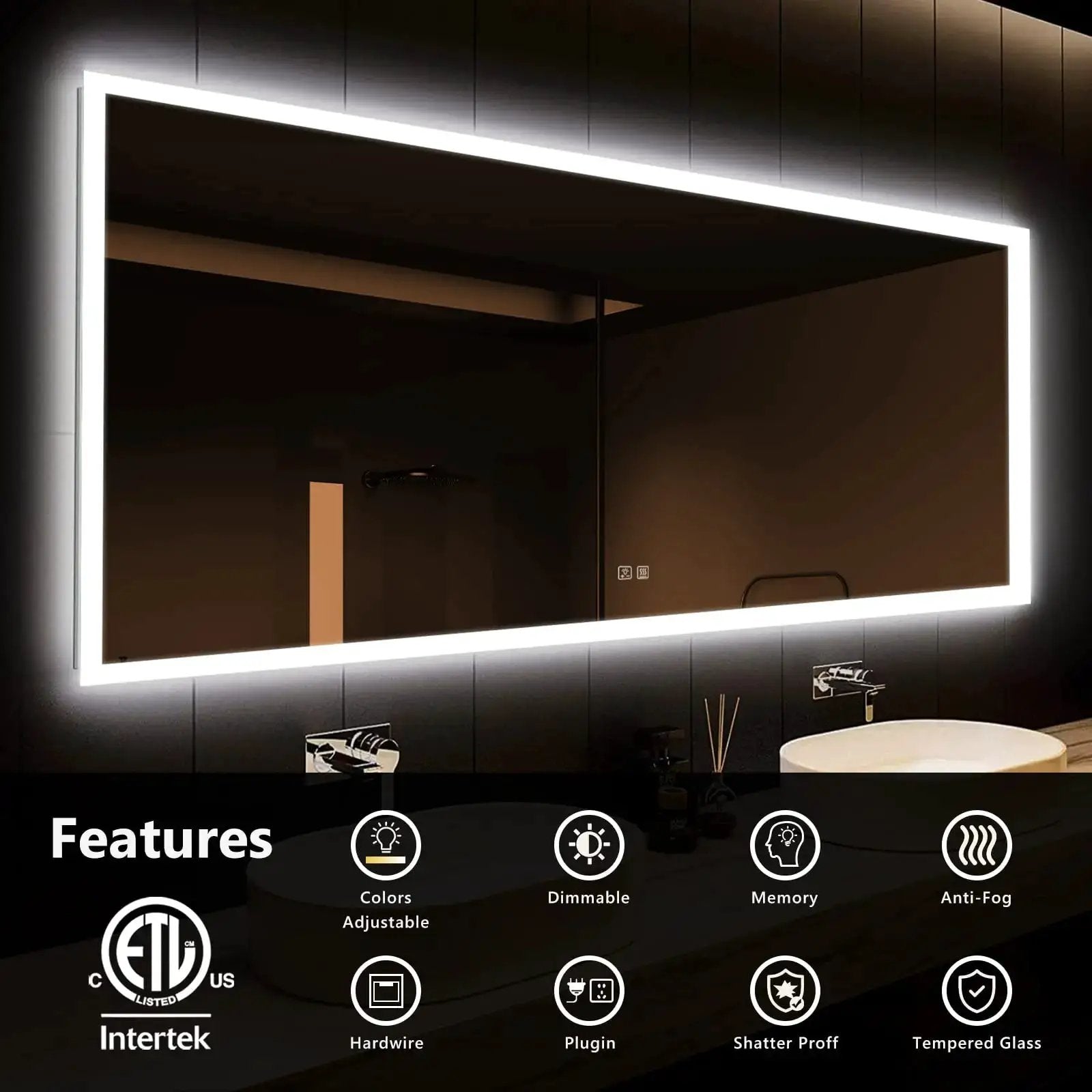 HAUSVITA Deluxe Edge Glow LED bathroom mirror with edge-lit frame on a dark wall.