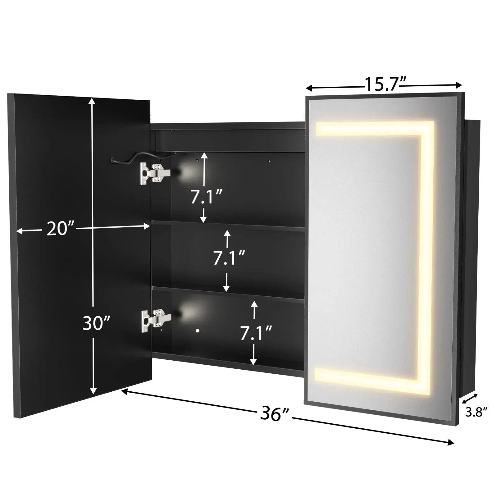 Hausvita framed recessed LED bathroom medicine cabinet, medium, black exterior with illuminated border