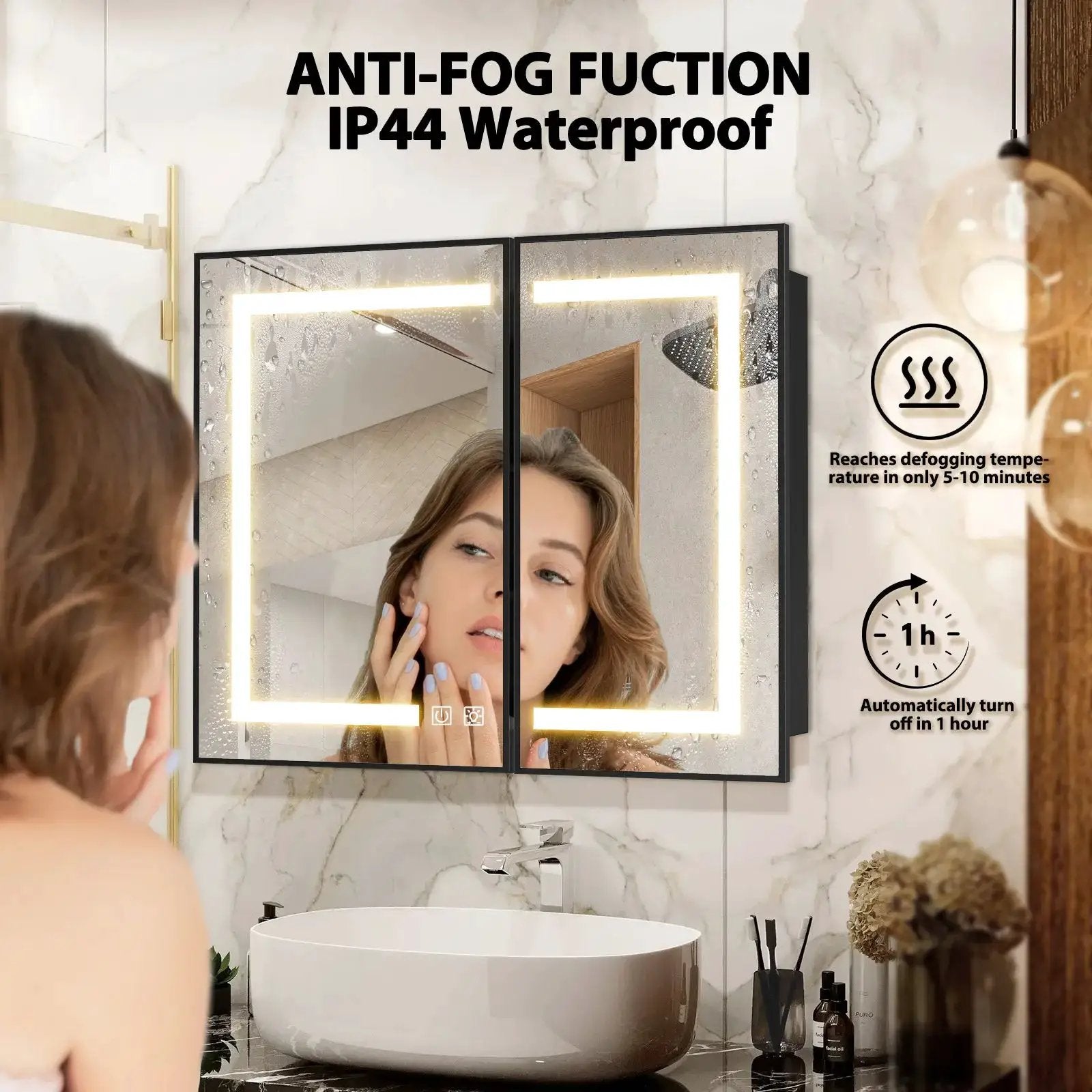 Hausvita framed recessed LED bathroom medicine cabinet with black dual-mirror doors and illuminated border