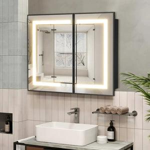 Hausvita framed recessed LED light bathroom medicine cabinet, medium, double mirrored doors.