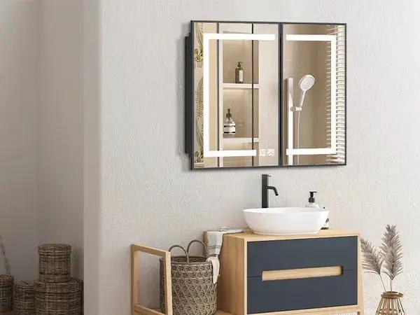 Hausvita framed recessed LED bathroom medicine cabinet with black frame and mirrored doors