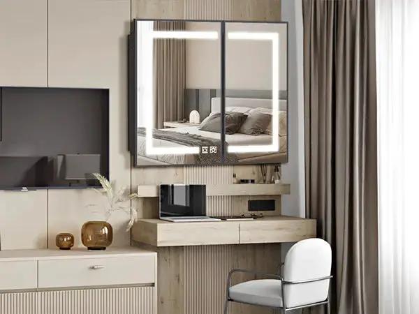 Hausvita framed recessed LED light bathroom medicine cabinet with dual mirrored doors