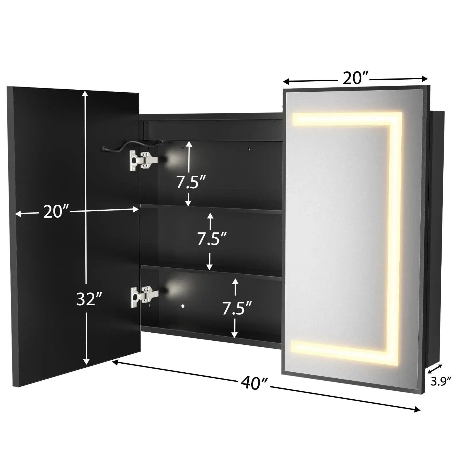Hausvita framed recessed LED bathroom medicine cabinet, black finish with illuminated door, 40" wide by 32" tall