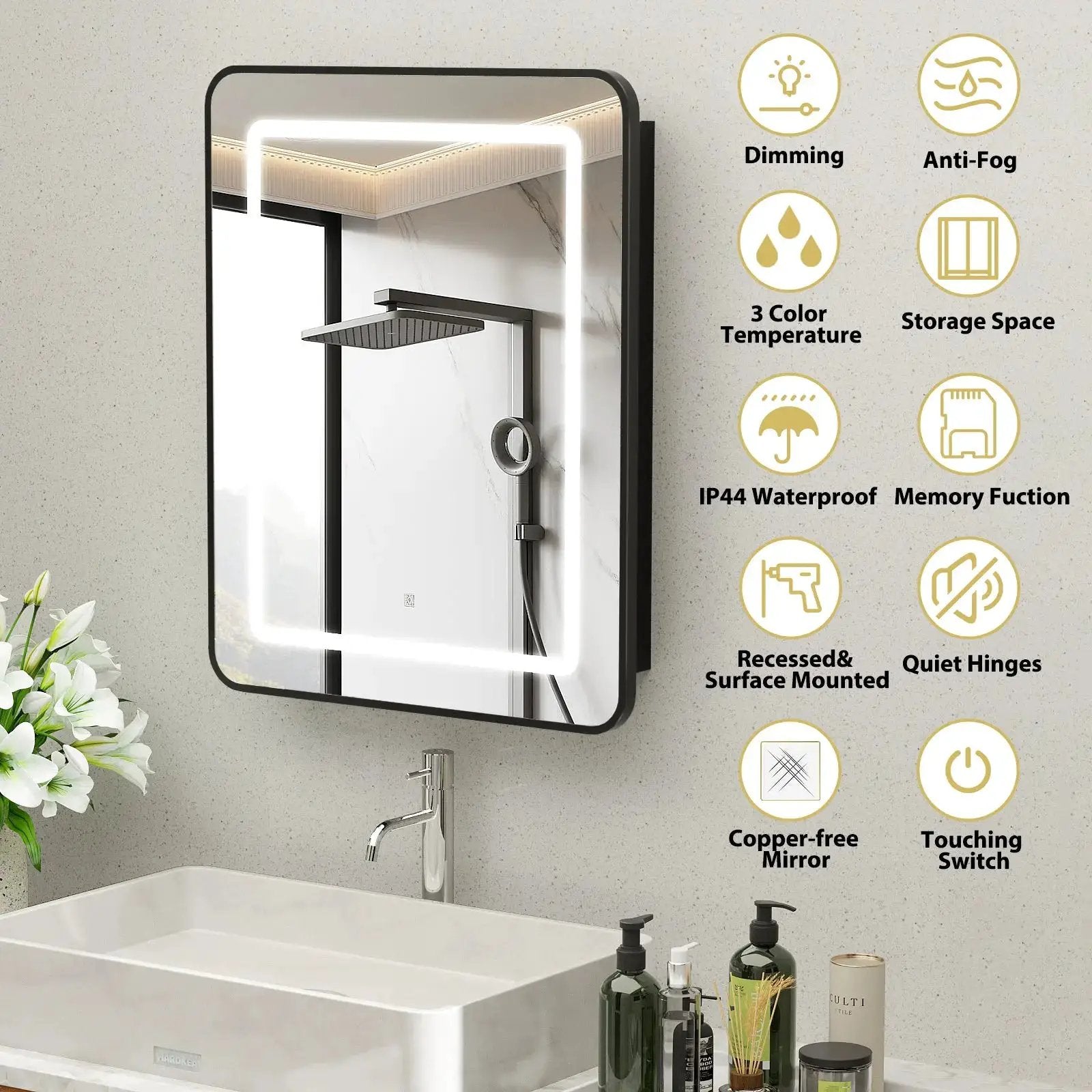 Hausvita framed recessed LED bathroom medicine cabinet, small, black frame with LED border mirror