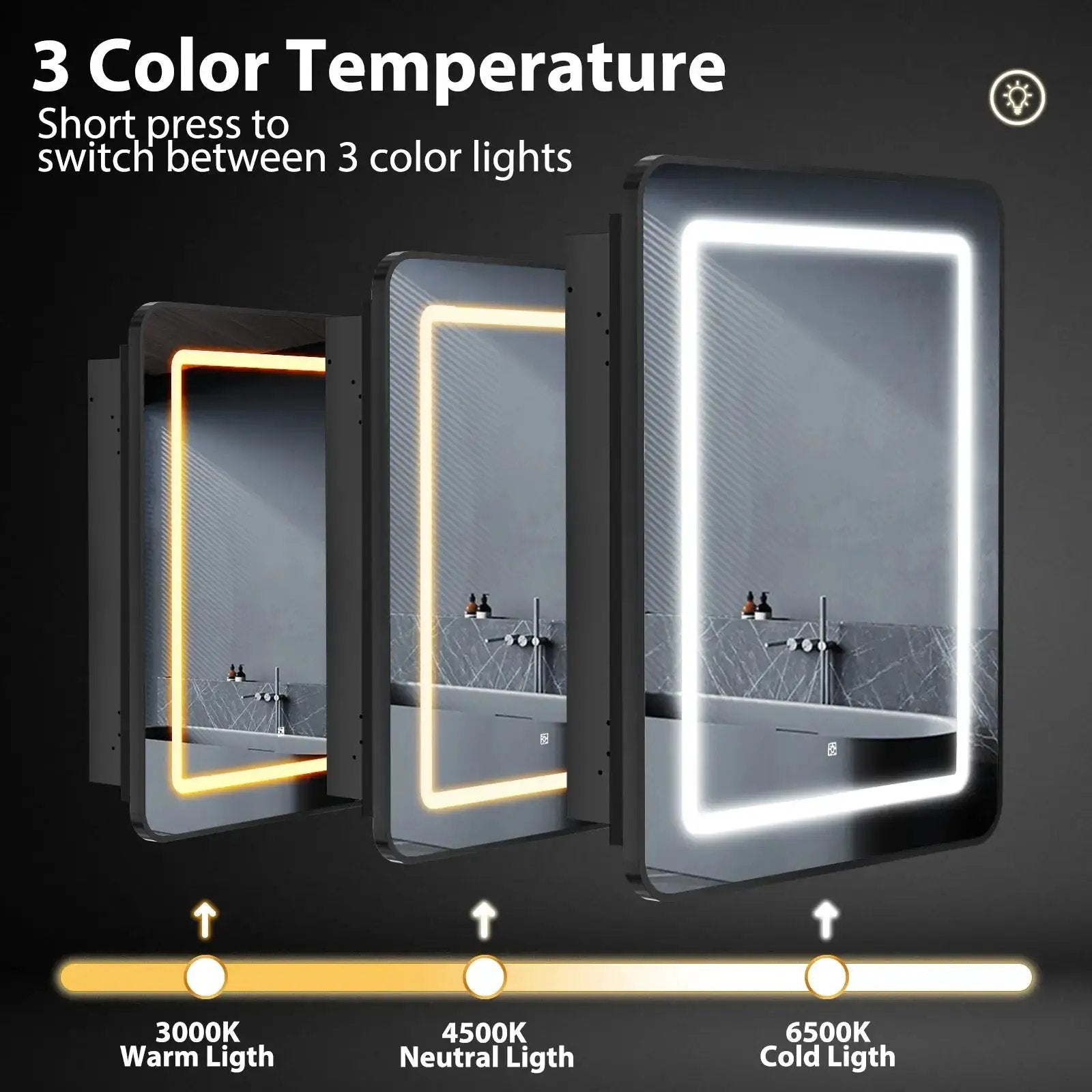 HAUSVITA framed recessed LED medicine cabinet (small) display with 3 units in warm, neutral and cold light.