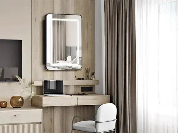 Hausvita framed recessed LED light bathroom medicine cabinet, small, silver frame mounted over vanity