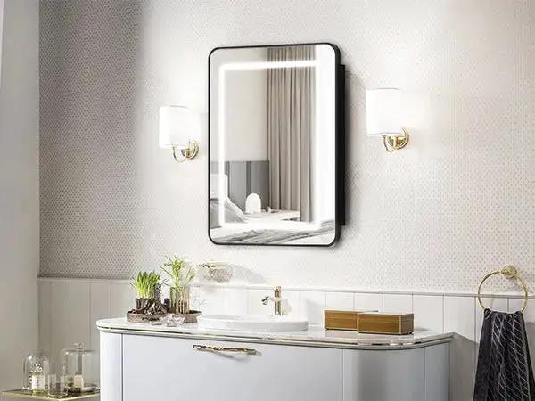 Hausvita framed black-frame recessed LED medicine cabinet with LED-lit mirror above bathroom vanity