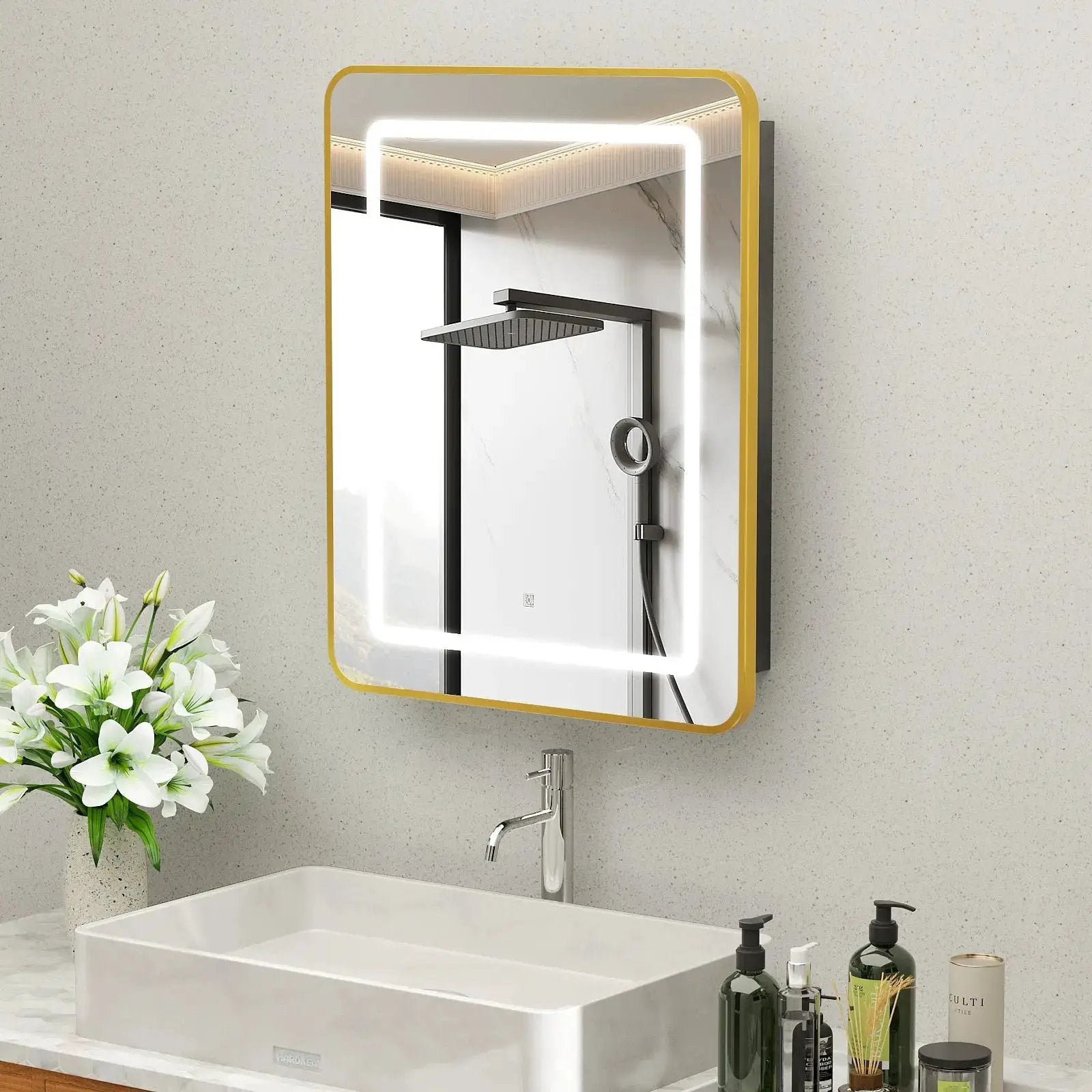 Hausvita yellow-framed recessed LED bathroom medicine cabinet mounted above sink