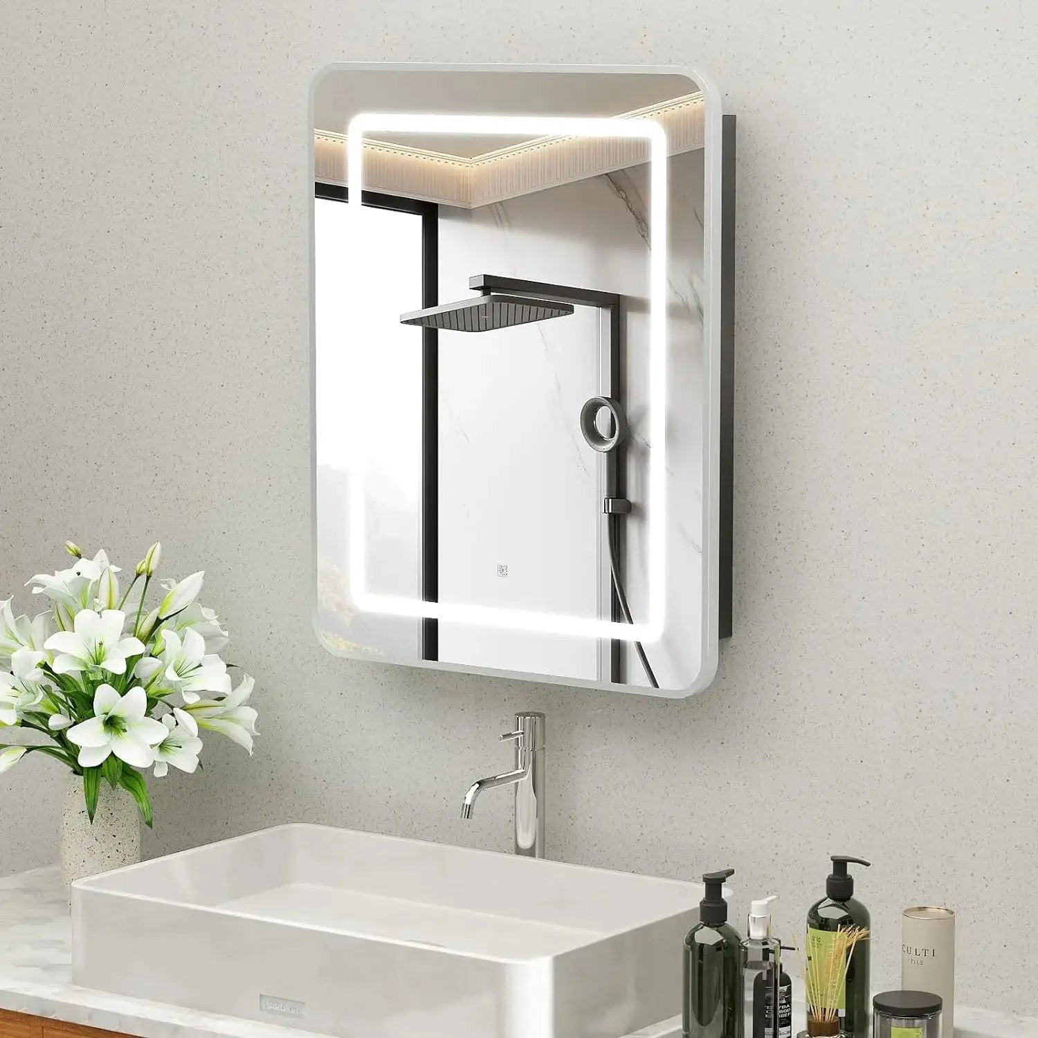 Hausvita framed recessed LED bathroom medicine cabinet with illuminated border mirror