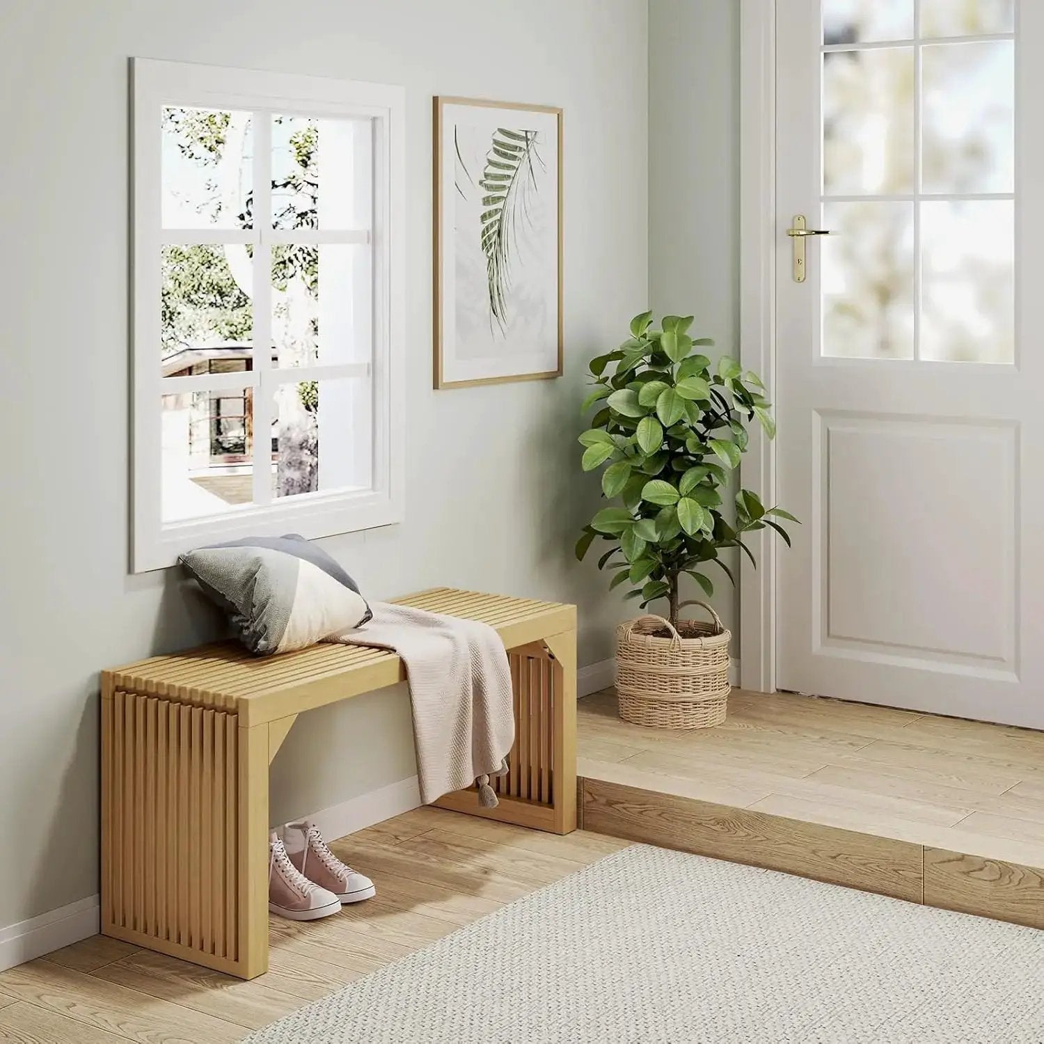 Hausvita HiKingQueens 35in Dining Bench, natural wood with slatted grille design
