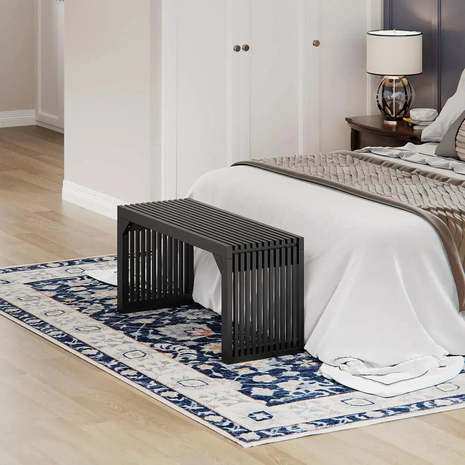 Hausvita HiKingQueens 35-inch dining bench, black slatted wood design for indoor bedroom or entryway