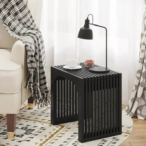 Hausvita 35-inch black slatted wooden dining bench with grille-style sides for indoor use.
