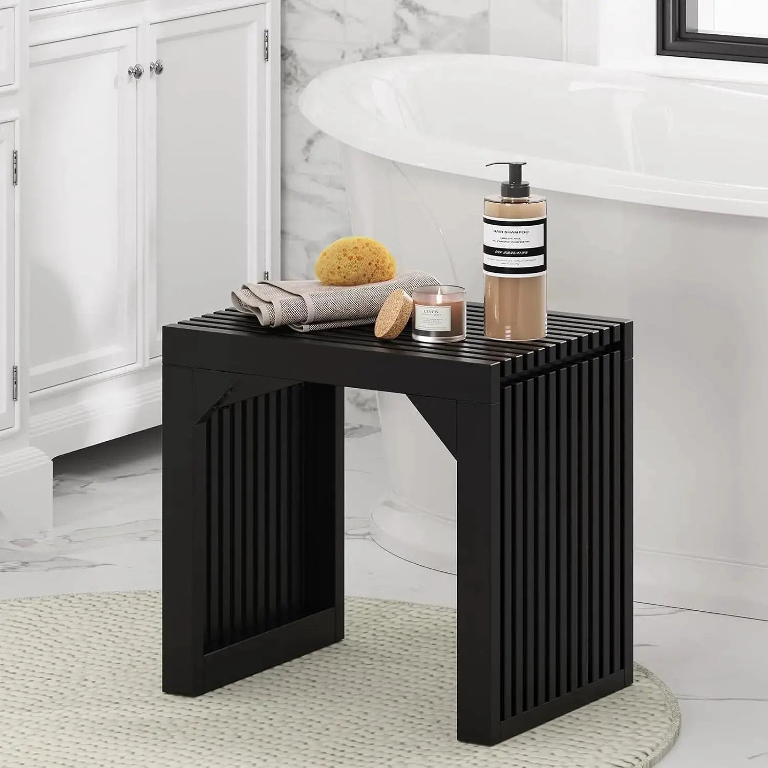 Hausvita 35-inch black solid-wood dining bench with slatted top and sides
