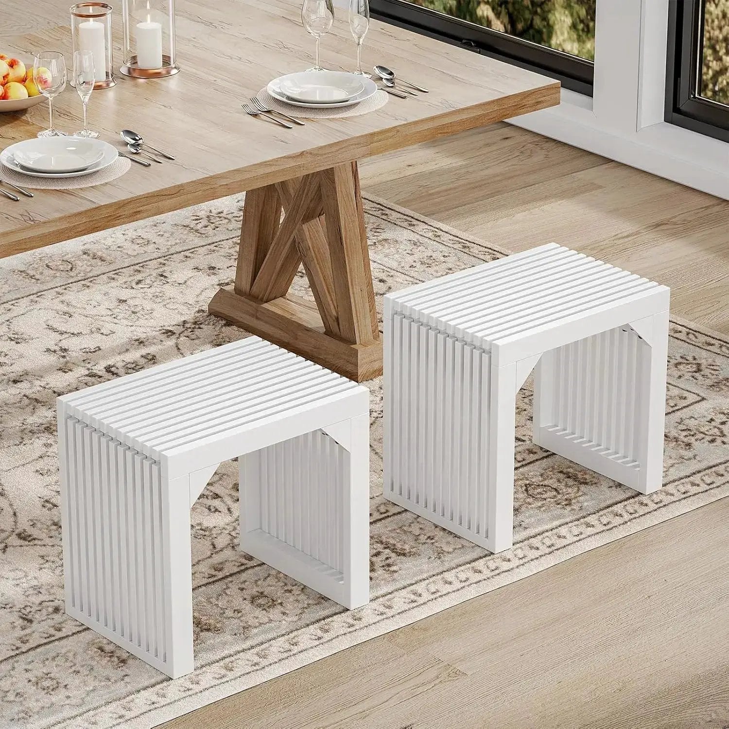 Hausvita HiKingQueens 35-inch white slatted wooden dining benches, indoor set of 2 for entryway or living areas