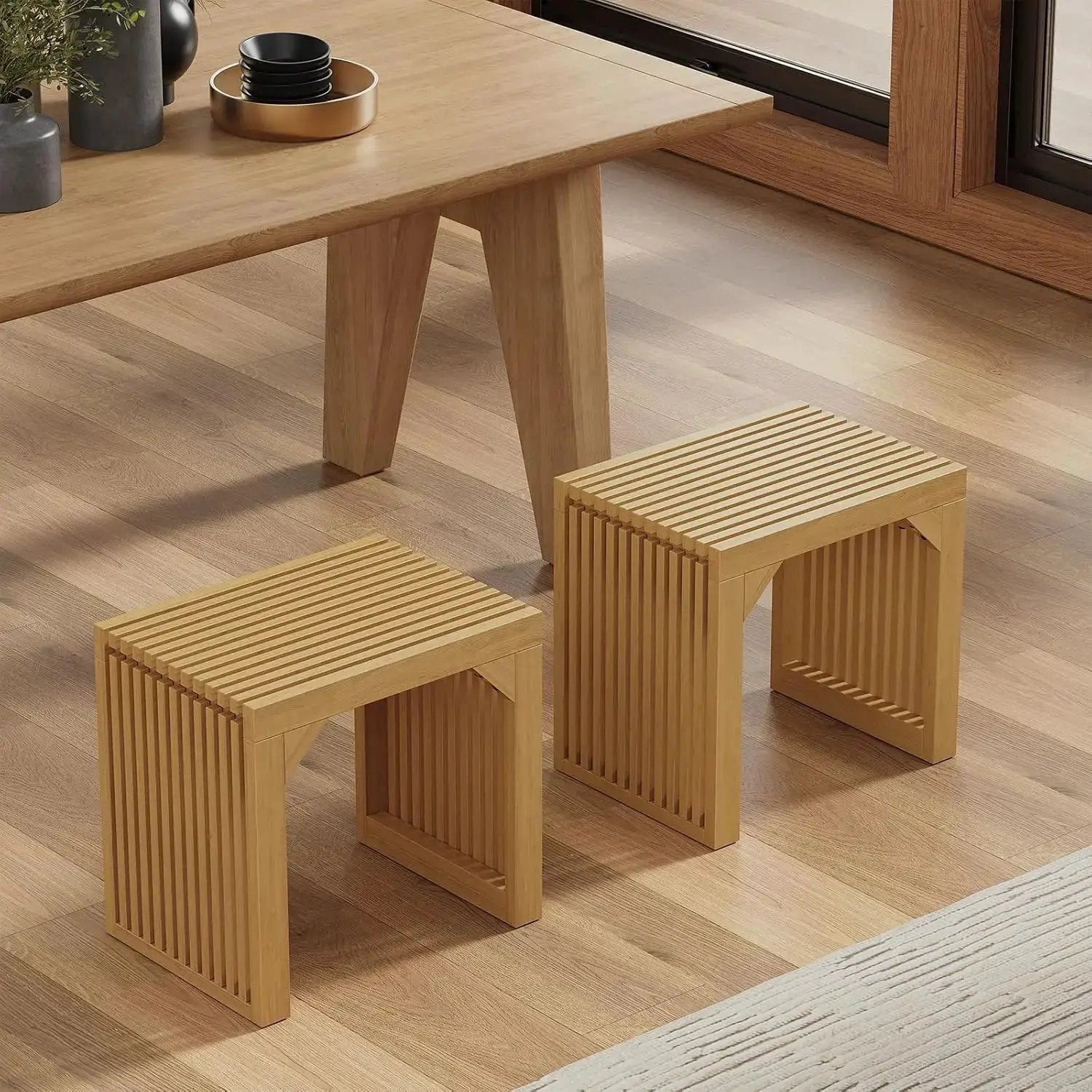 Hausvita 35-inch dining bench in natural wood with three slatted stools nearby