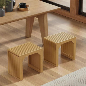 Hausvita 35-inch dining bench in natural wood with three slatted stools nearby