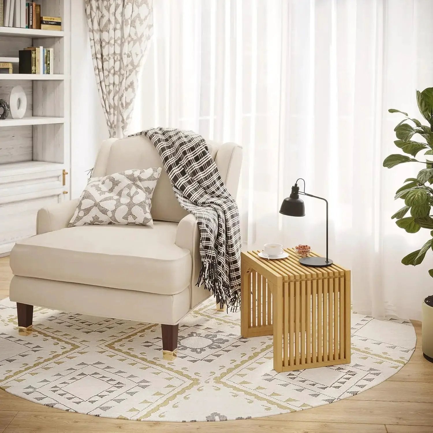 Hausvita HiKingQueens 35-inch dining bench with natural wood frame and beige upholstery in a bright living room.