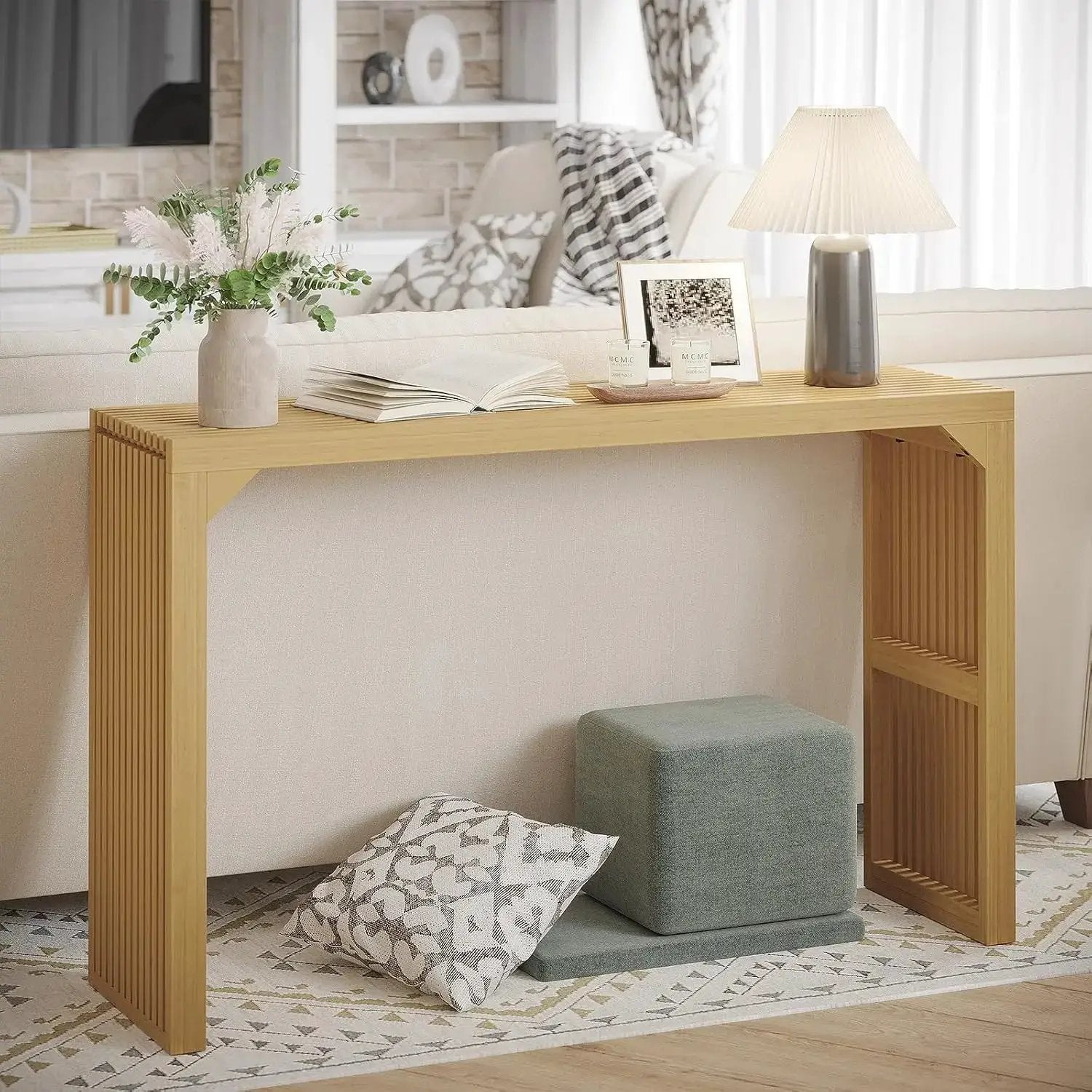 Hausvita 35in dining bench in natural wood with slatted sides