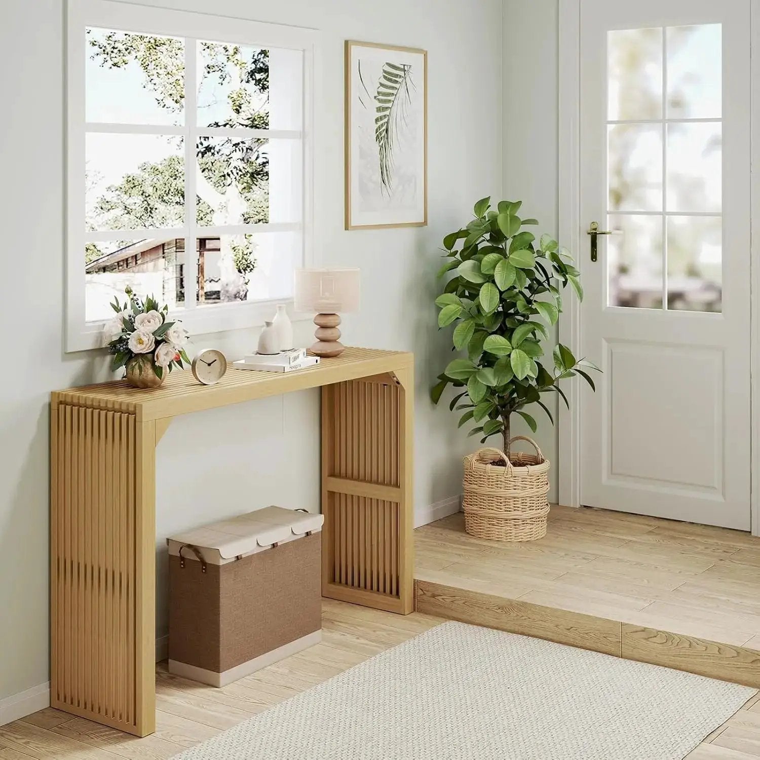 Hausvita HiKingQueens 35in wooden entryway bench in natural finish with slatted sides