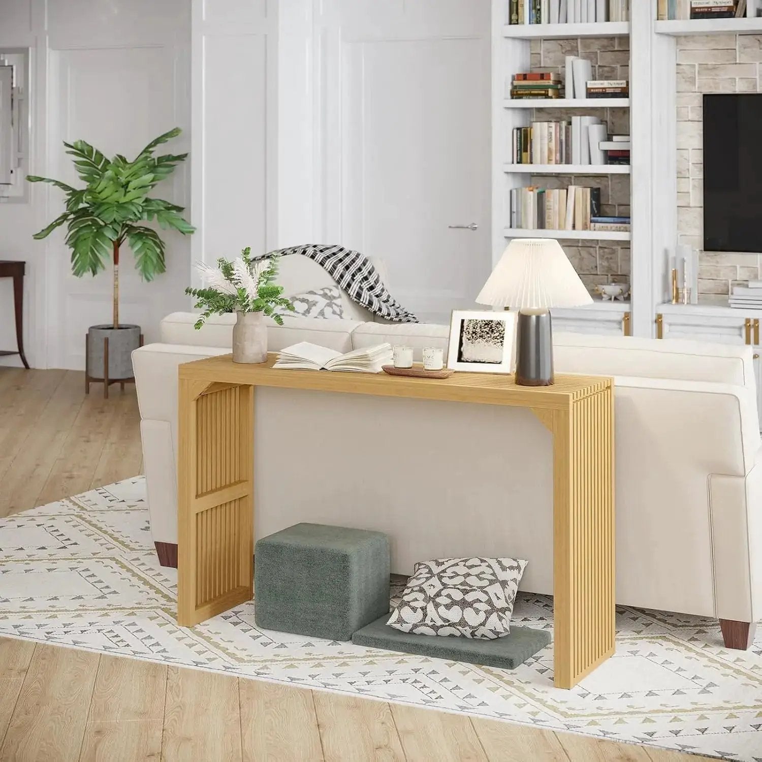 Hausvita 35-inch dining bench in natural wood with slatted sides, ideal for entryway or living room.