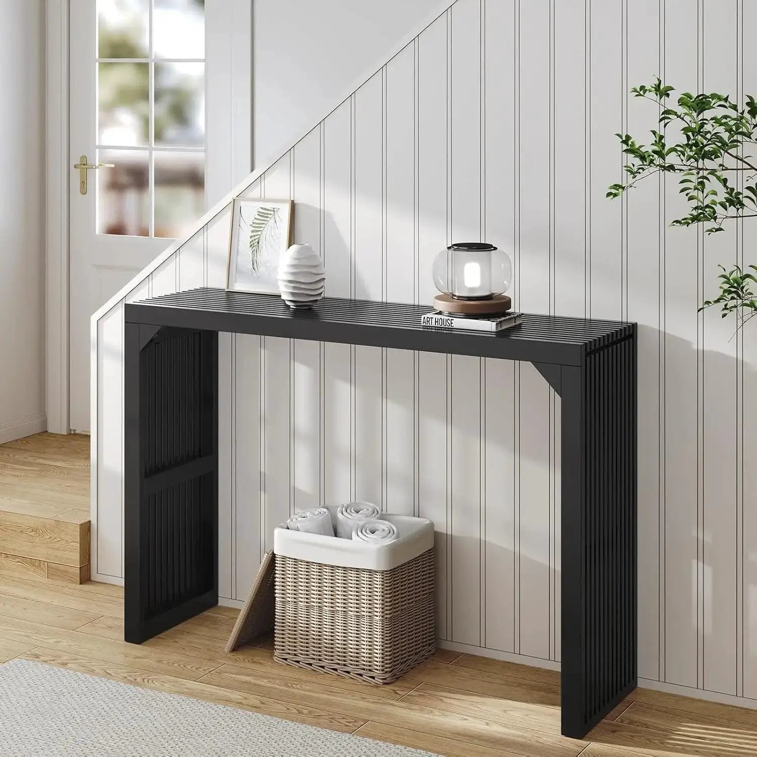 Hausvita HiKingQueens 35-inch black solid-wood dining bench with slatted top for indoor use