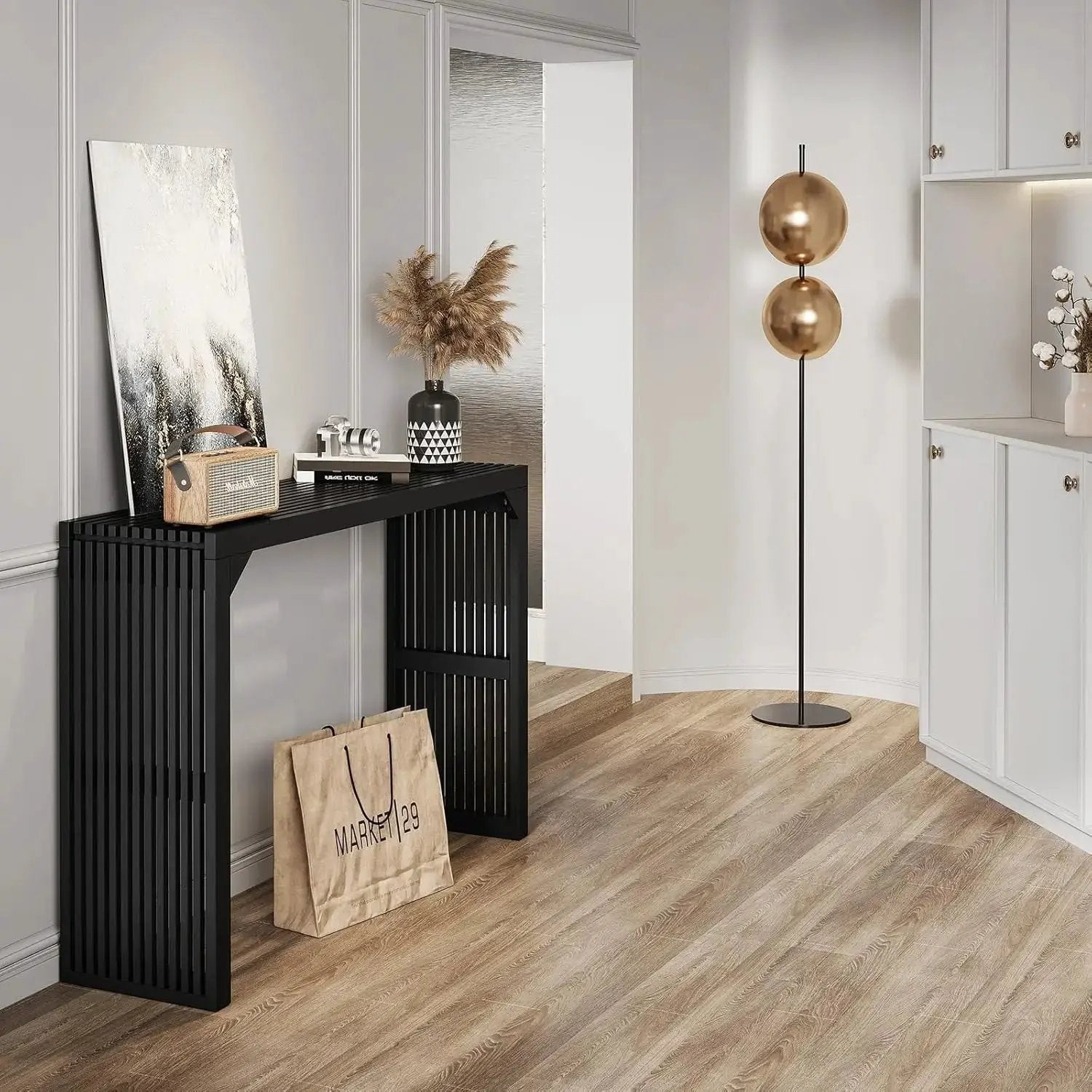 Hausvita HiKingQueens 35-inch dining bench in black solid wood with slatted sides.