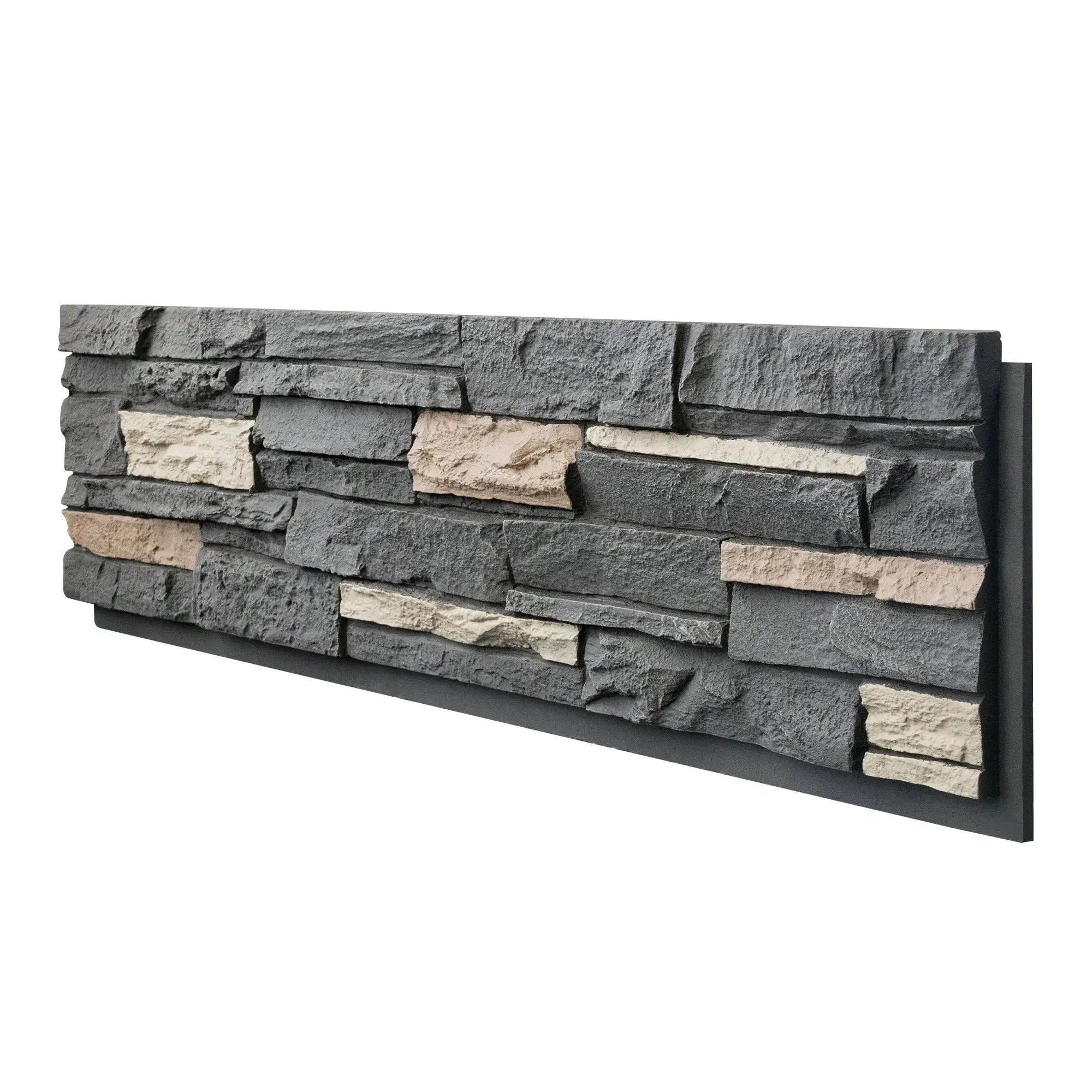 Hausvita Faux Stone Wall Siding Panel, PU stone veneer exterior in dark gray with beige accents, 46.46 x 13 in.