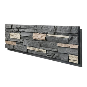 Hausvita Faux Stone Wall Siding Panel, PU stone veneer exterior in dark gray with beige accents, 46.46 x 13 in.