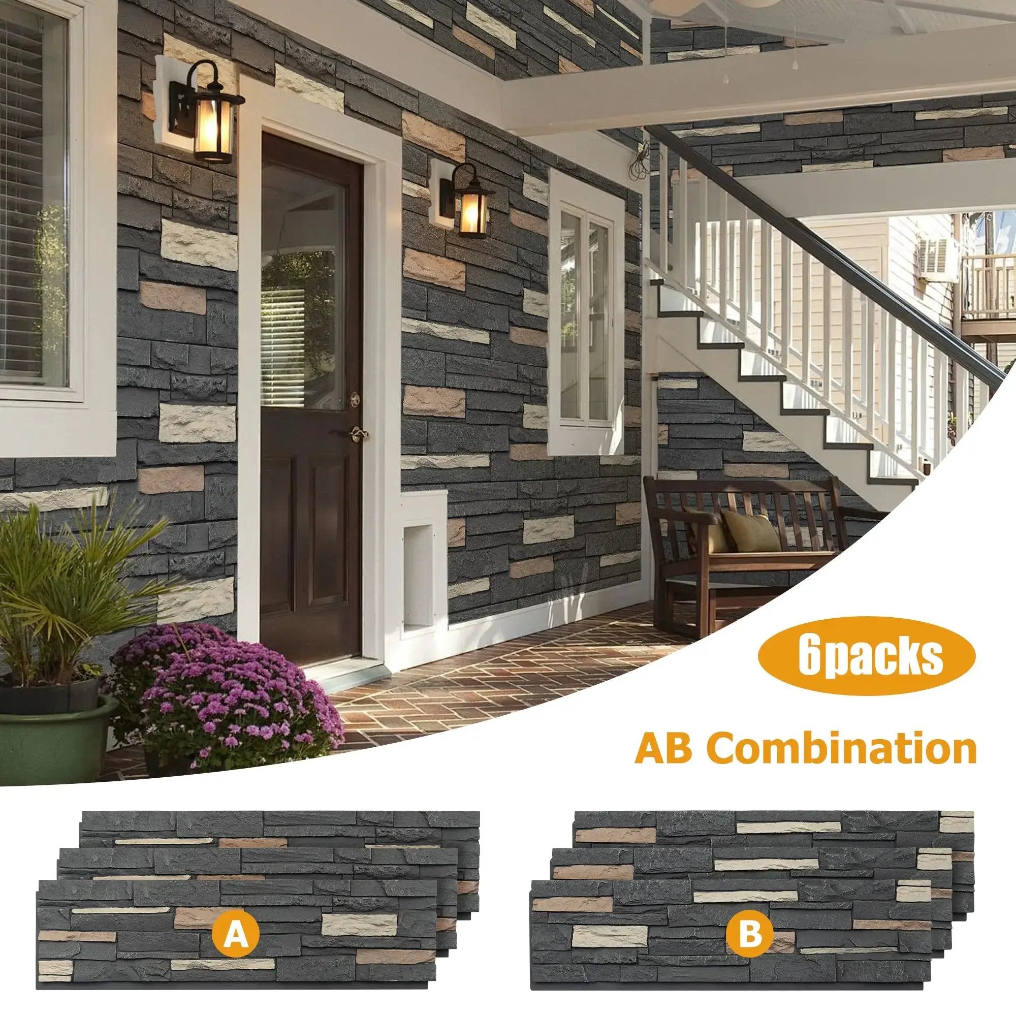 Hausvita faux stone wall siding panel, PU veneer exterior, dark gray with beige accents, 46.46 in x 13 in, A/B colors.