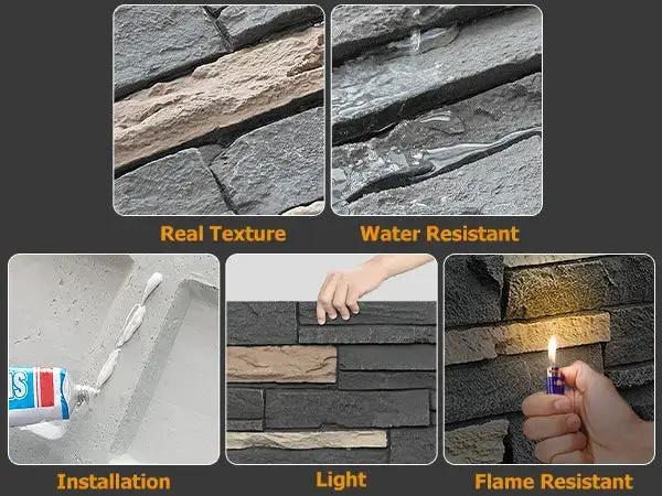 Hausvita Faux Stone Wall Siding Panel, PU veneer exterior, gray/tan stone, 46.46 x 13 in, flame and water resistant