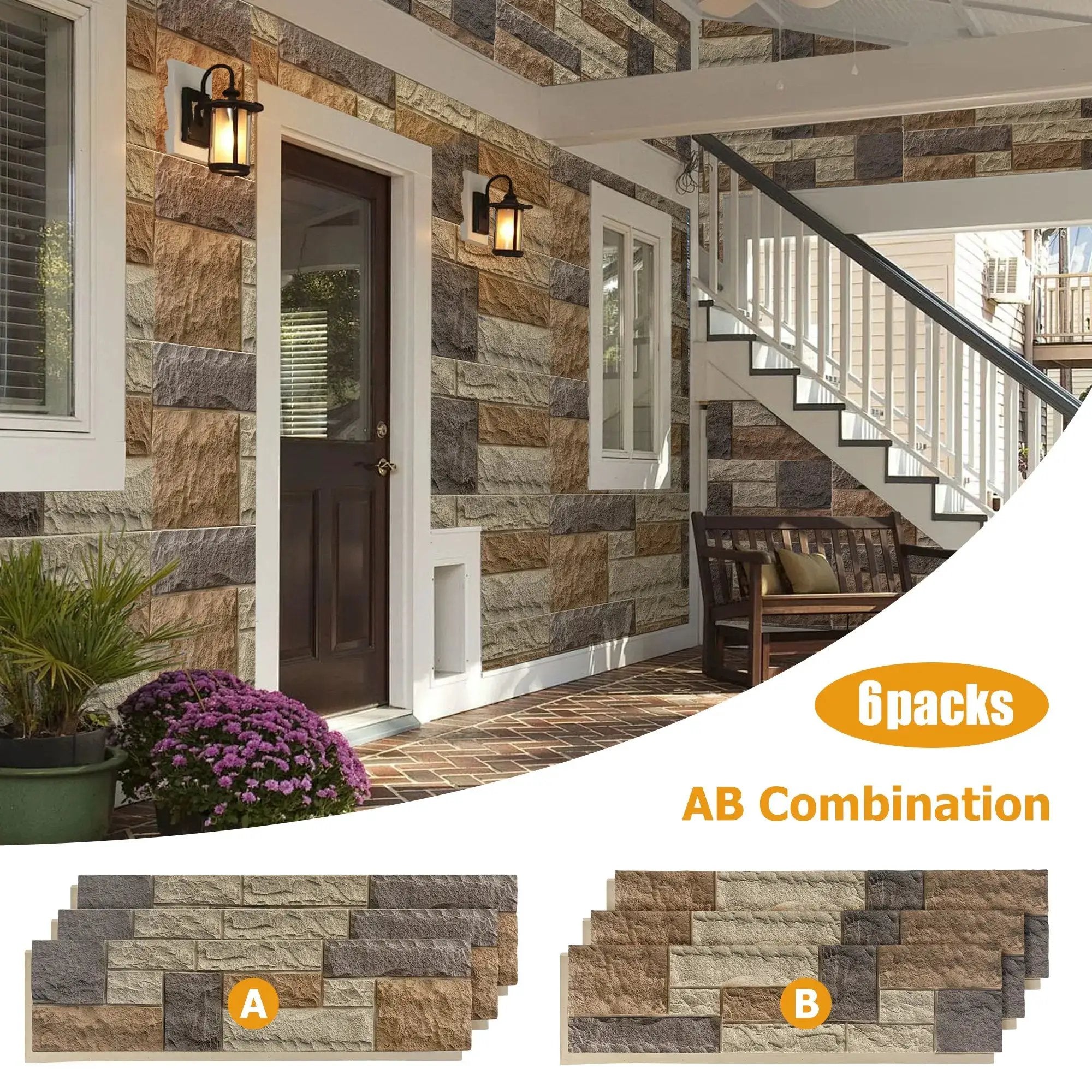 Hausvita PU stone veneer wall siding panel; exterior faux stone in brown-gray tones, 46.46 in x 13 in, 6 packs