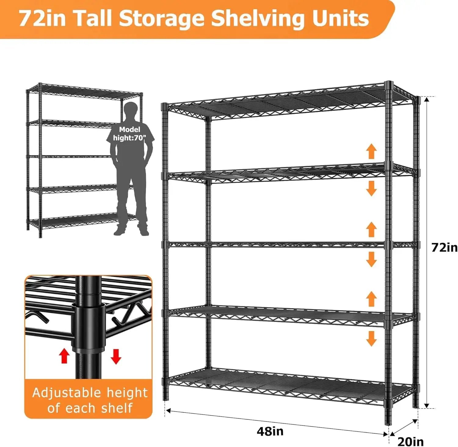Hausvita heavy-duty storage shelves, black steel wire rack, 72in tall x 48in long x 20in deep, adjustable shelves.