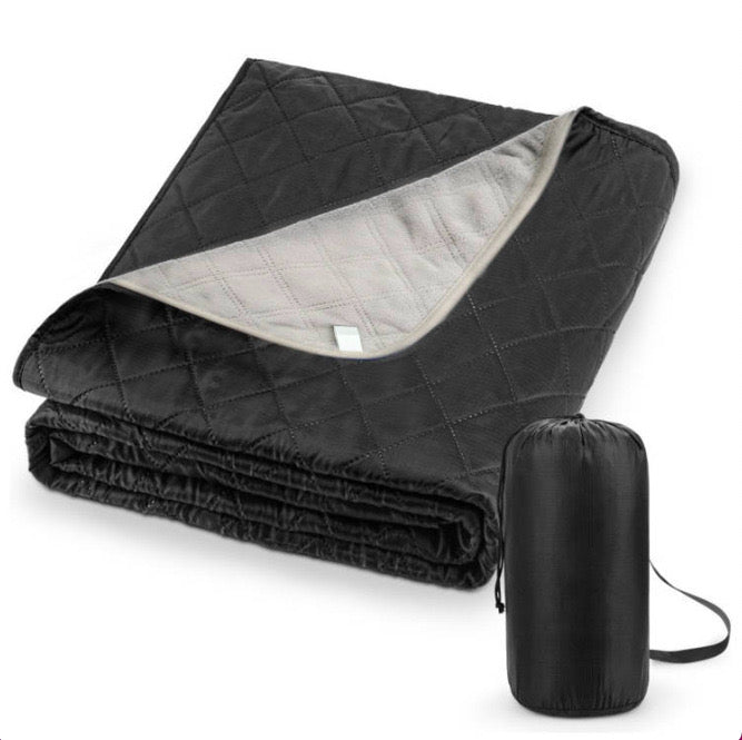 LITEGUEST Heated Camping Blanket, USB powered, black quilted blanket with gray underside, includes carrying pouch (2 items)