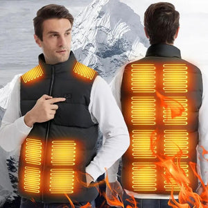 LITEGUEST USB heated vest with LED light by SmartTherm; black puffer with orange heat panels on chest and back