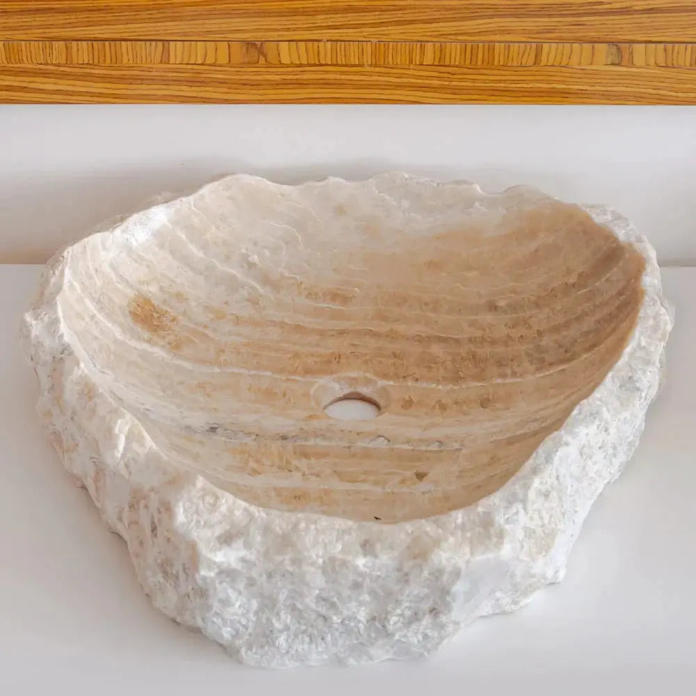 Honey Onyx stone vanity sink by Villohome, translucent rustic.