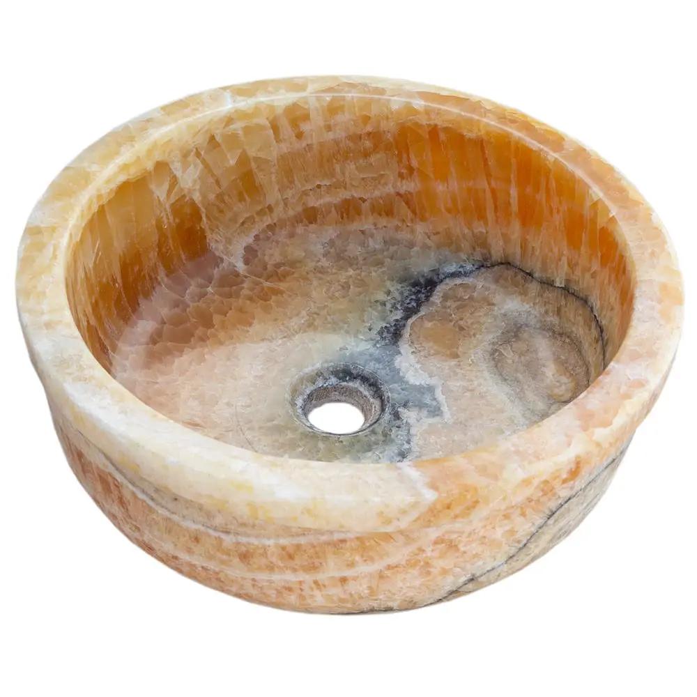 Natural honey-onyx round bathroom sink, translucent polished stone for above-vanity or drop-in installations