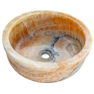 Natural honey-onyx round bathroom sink, translucent polished stone for above-vanity or drop-in installations
