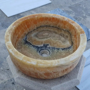 Stone sink Villohome honey onyx round vessel bathroom sink with polished translucent amber interior