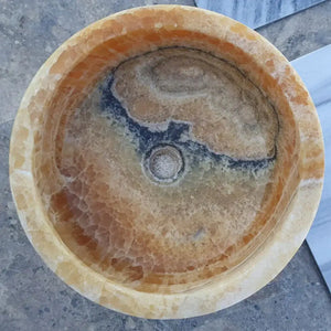 Round honey onyx bathroom sink by Villohome, natural translucent stone polished vanity/drop-in bowl