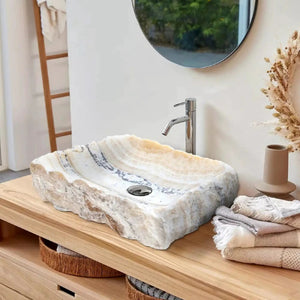 Honey Onyx rectangular above-counter bathroom sink by Villohome; polished interior and hand-chiseled exterior