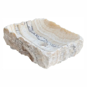 Honey Onyx rectangular bathroom sink with polished interior and hand-chiseled exterior