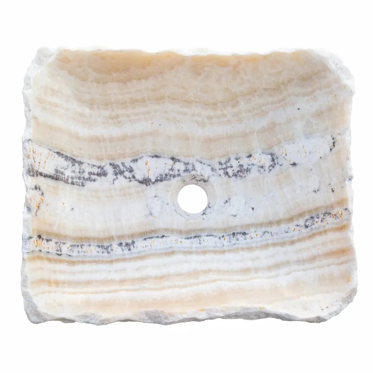 Honey Onyx rectangular above-vanity bathroom sink by Villohome; polished interior, hand-chiseled exterior